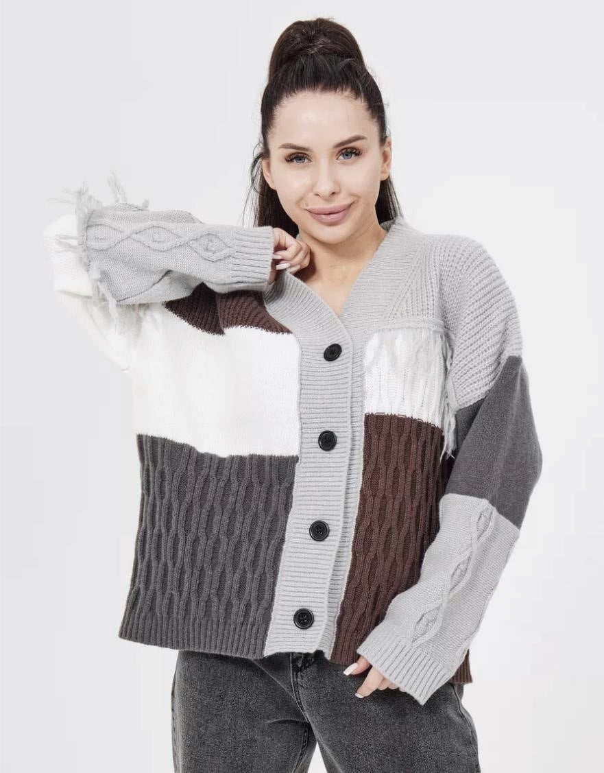 Damen Strickjacke mit modischem Blockstreifenmuster und klassischem Knopfverschluss EB