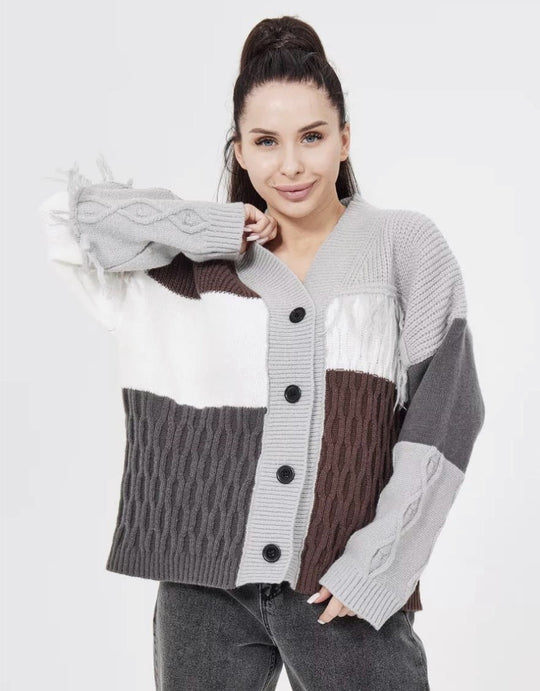 Damen Strickjacke mit modischem Blockstreifenmuster und klassischem Knopfverschluss EB