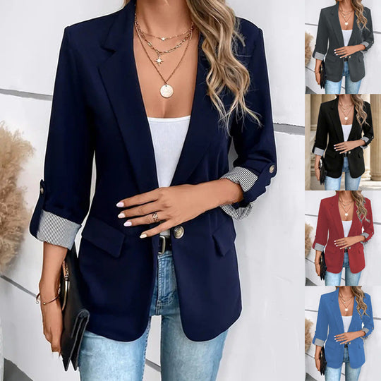 Damen eleganter Blazer mit gestreiftem Futter und stilvollen Taschen EB