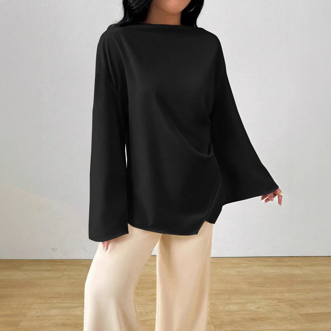 Damen nan oversized Satin-Tunika mit U-Boot-Ausschnitt und weiten Trompetenärmeln EB