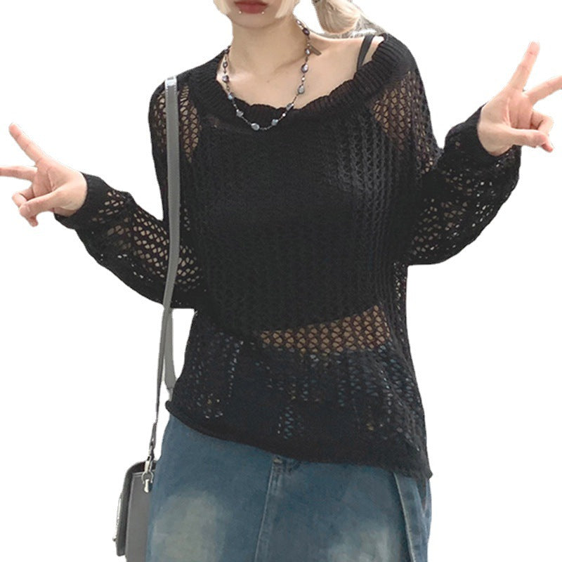 Damen luftiger Strickpullover mit feinem Netzmuster EB