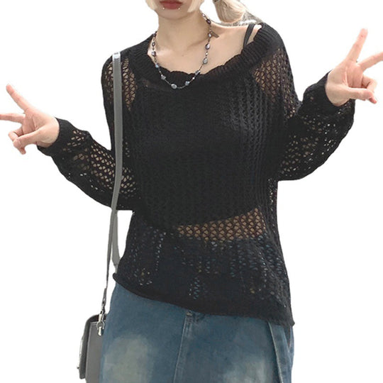 Damen luftiger Strickpullover mit feinem Netzmuster EB