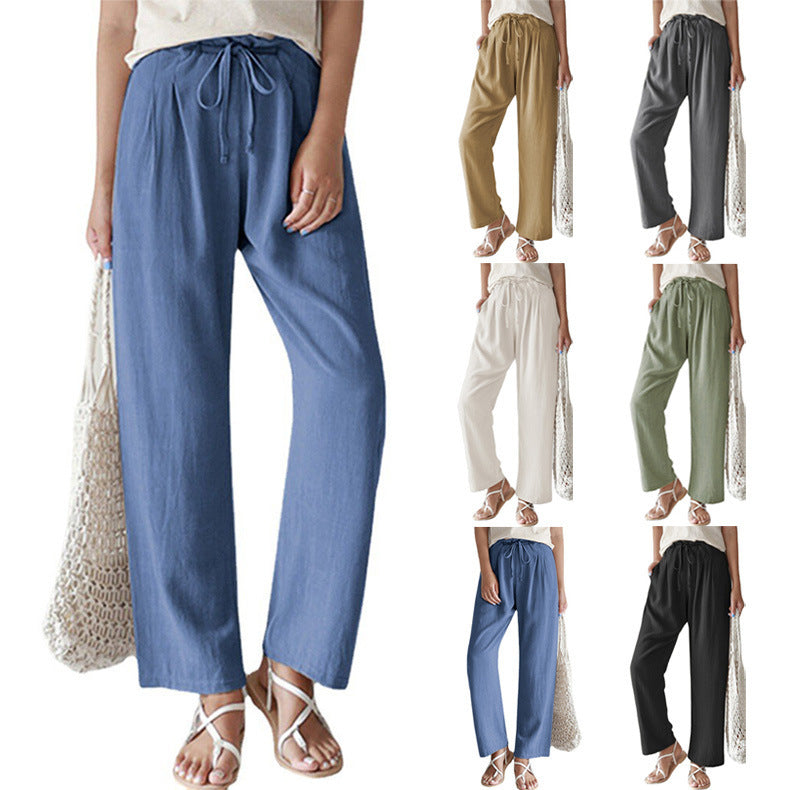 Damen nan lässige Leinenhose mit weitem Bein, elastischem Bund und Seitentaschen EB