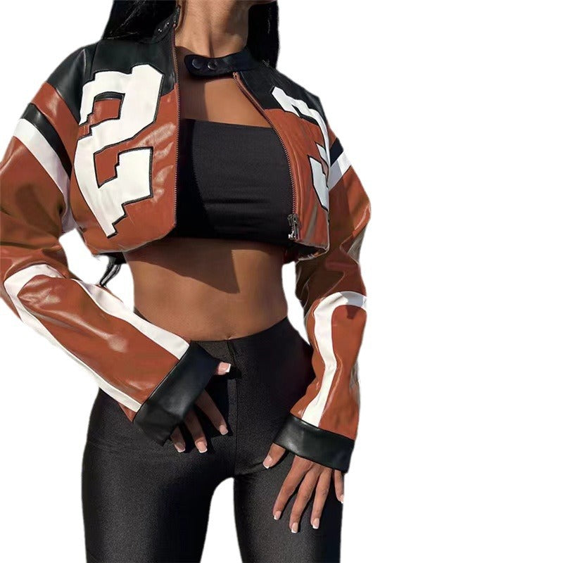 Damen cropped Kunstlederjacke im auffälligen Design EB