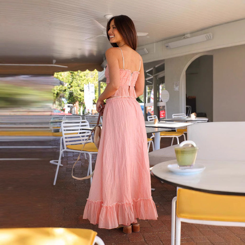 Damen Maxikleid mit verspieltem Rüschensaum und praktischen Bindebändern EB