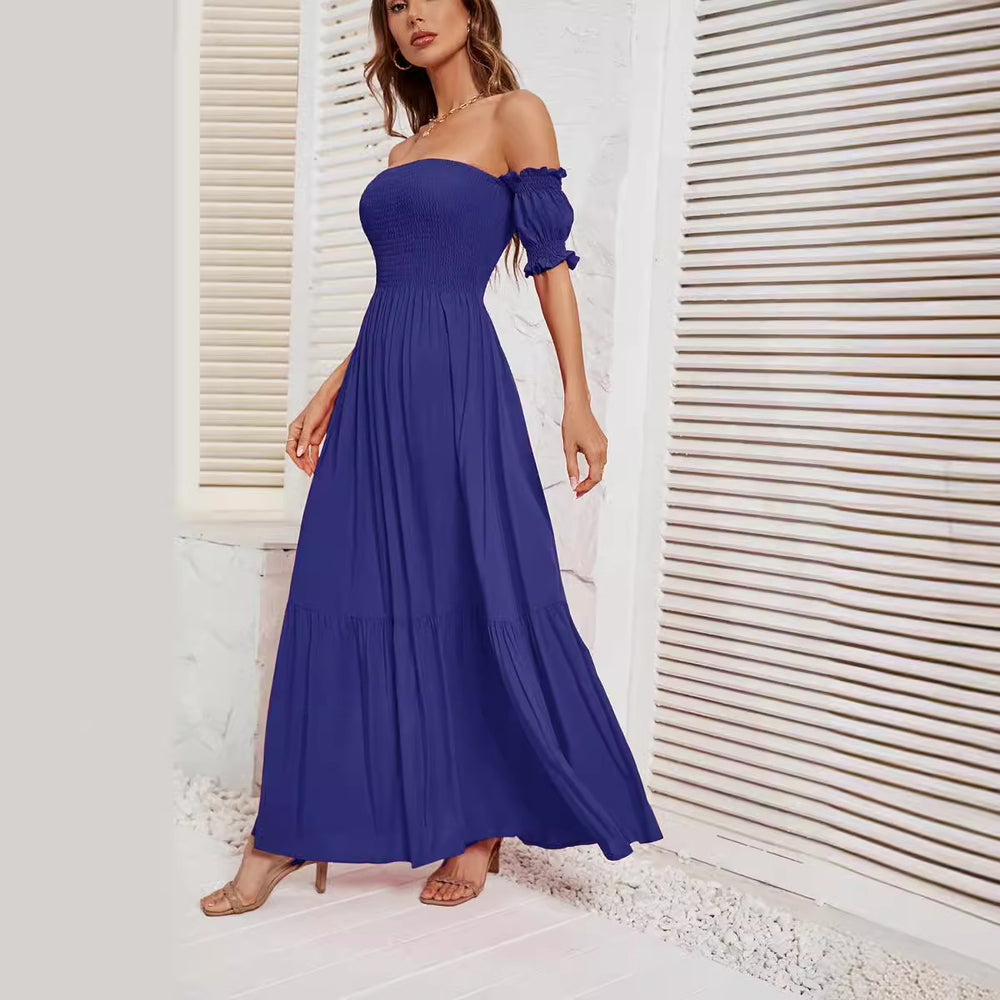 Damen Maxikleid mit schulterfreiem Schnitt und romantischen Puffärmeln EB
