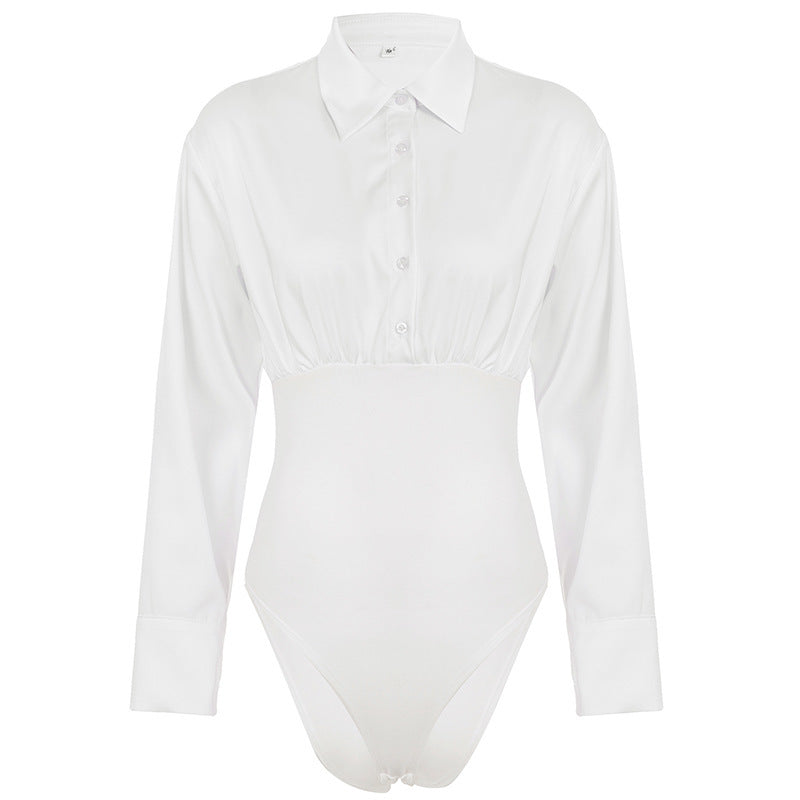 Damen eleganter Bodysuit mit feinem Kragen und Knopfdetails EB
