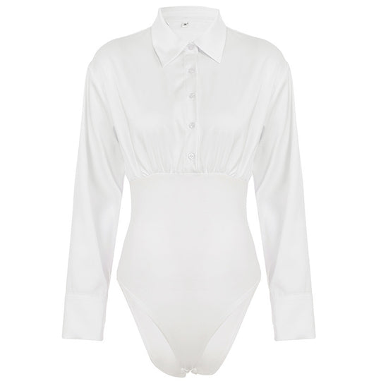 Damen eleganter Bodysuit mit feinem Kragen und Knopfdetails EB