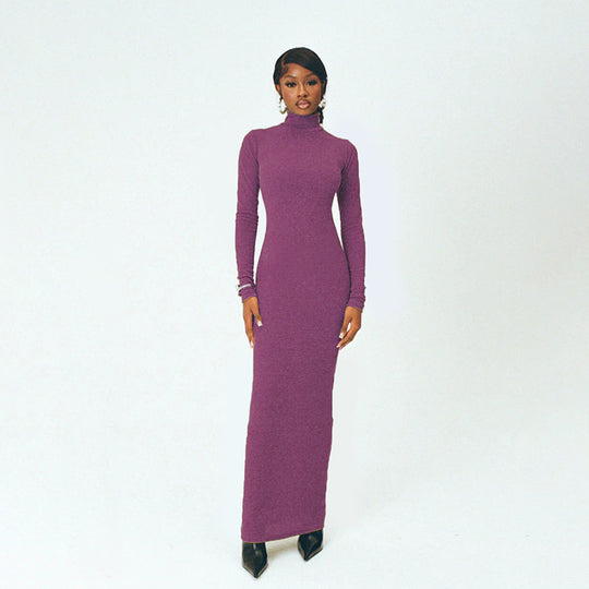 Damen Langarm Maxikleid mit elegantem Stehkragen und figurbetontem Schnitt EB