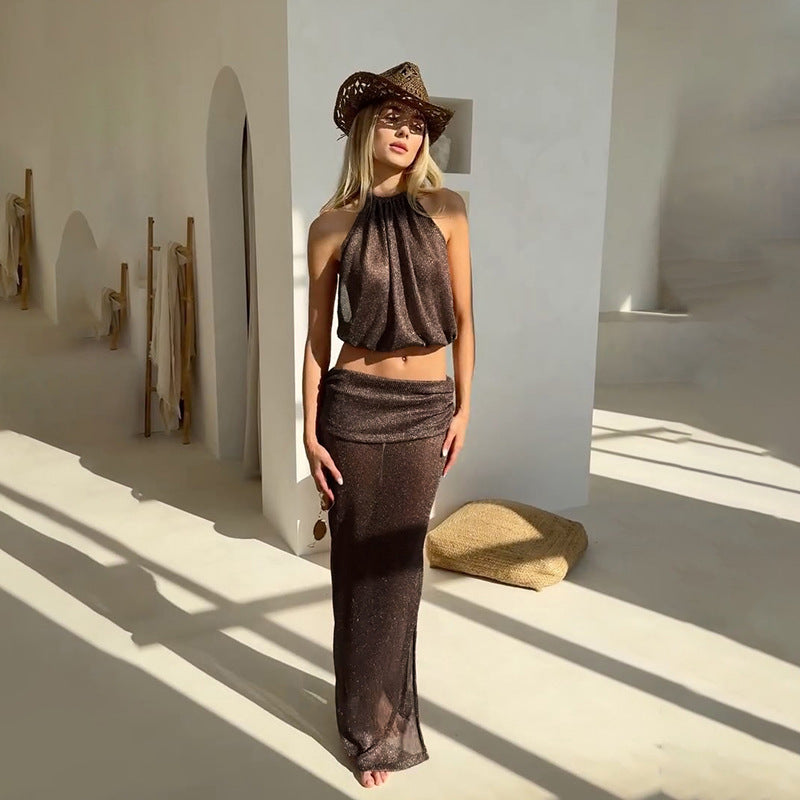 Damen Set aus eleganter Crop-Top und figurbetontem Rock mit Raffungen EB