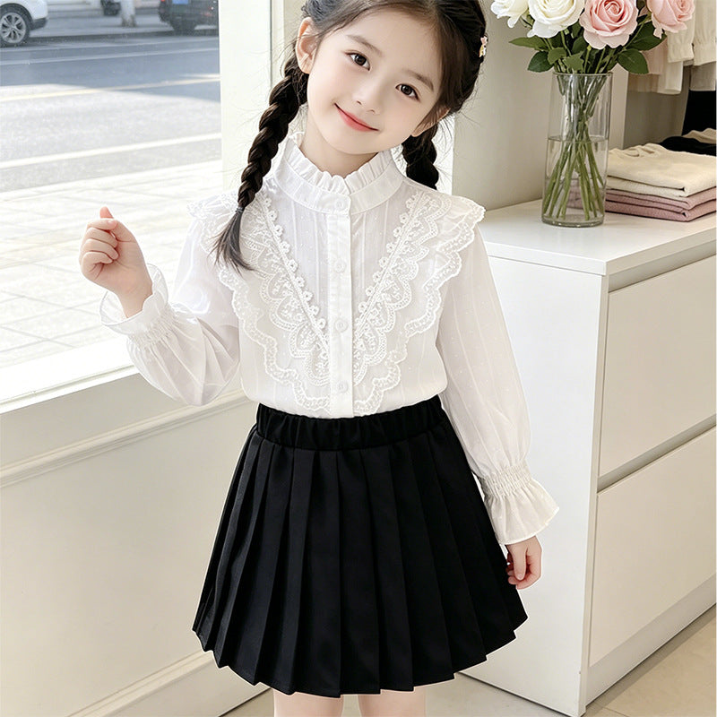 Mädchen elegante Bluse mit Rüschendetails und Spitzenbesatz EB