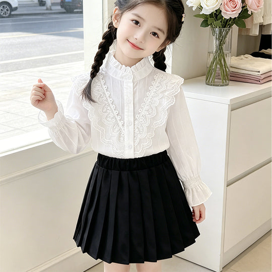 Mädchen elegante Bluse mit Rüschendetails und Spitzenbesatz EB