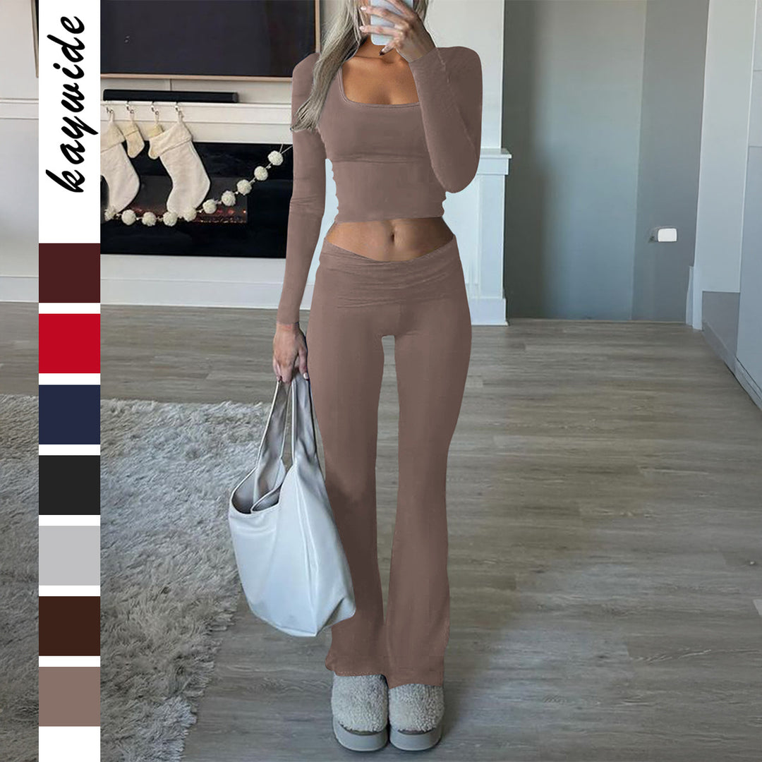 Damen nan figurbetontes Cropped-Set mit langärmeligem Top mit quadratischem Ausschnitt und ausgestellter High‑Waist Yoga-Hose EB
