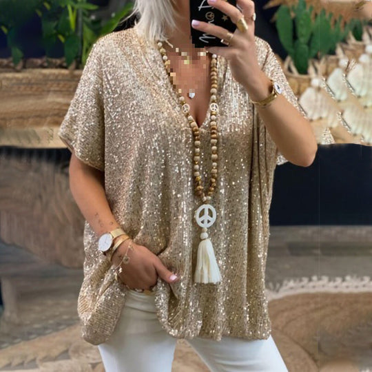 Damen Glamouröses Pailletten-Tunikashirt mit V-Ausschnitt EB