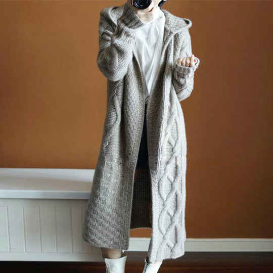 Damen Strickmantel mit Kapuze und strukturiertem Zopfdesign EB