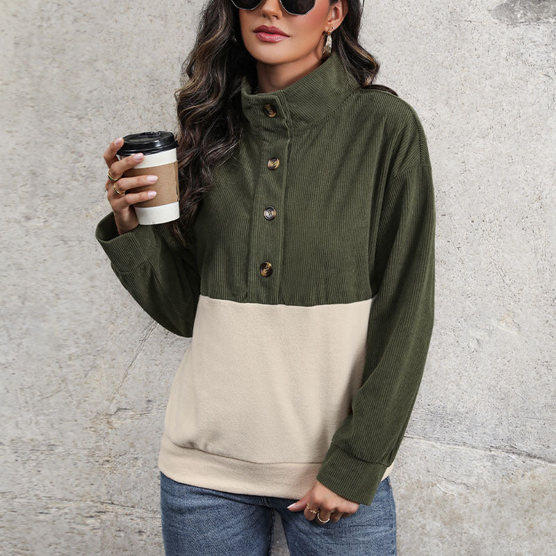Damen gemütlicher Oversized Pullover mit Knopfleiste und farblich abgesetztem Design EB