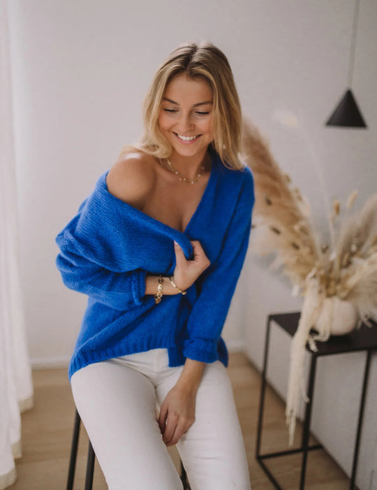 Damen lässiger Pullover mit offener Schulter und weichem Strickmuster EB