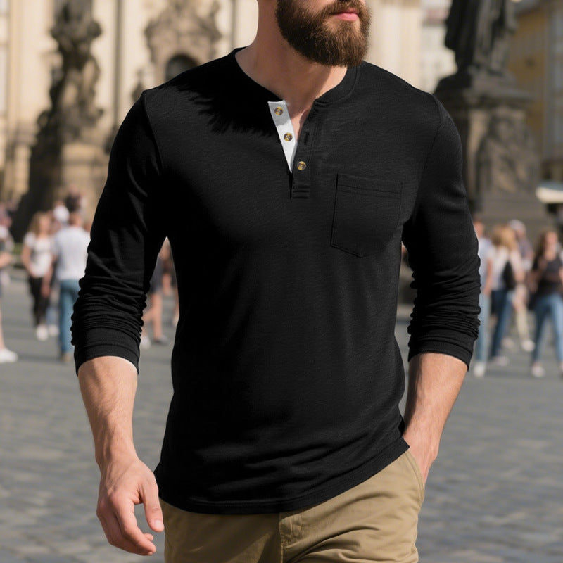 Herren Langarm-Henley-Shirt aus weichem Baumwollmix mit praktischer Brusttasche EB