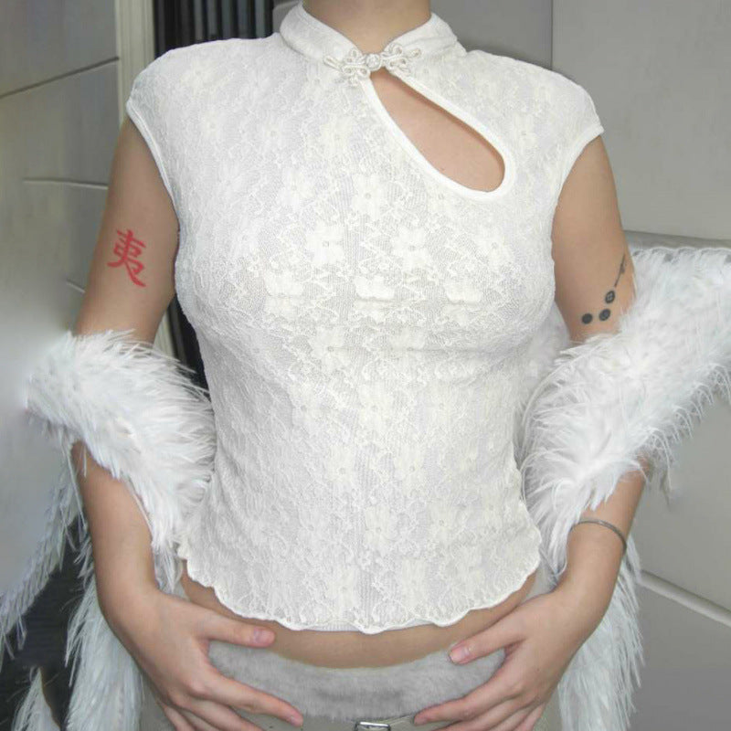 Damen Spitzenoberteil mit hochgeschlossenem Kragen und floralem Design EB