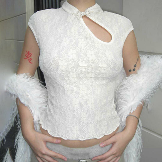 Damen Spitzenoberteil mit hochgeschlossenem Kragen und floralem Design EB