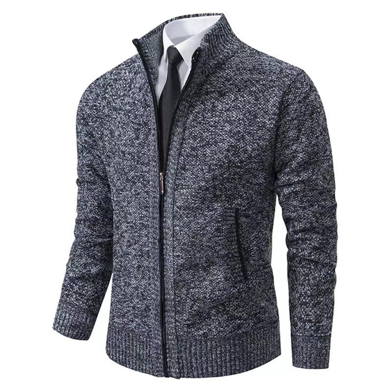 Herren nan melierte Strickzipjacke mit hohem Stehkragen, feiner Struktur und verdeckten Eingrifftaschen EB