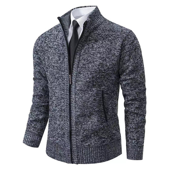 Herren nan melierte Strickzipjacke mit hohem Stehkragen, feiner Struktur und verdeckten Eingrifftaschen EB