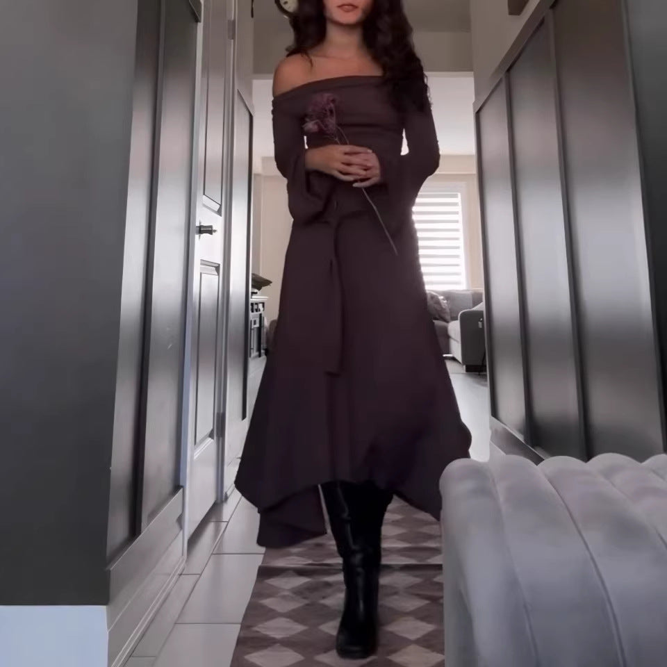 Damen Asymmetrisches Midikleid mit Wasserfallkragen, Glockenärmeln und seitlichem Ringdetail EB