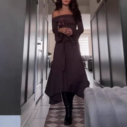 Damen Asymmetrisches Midikleid mit Wasserfallkragen, Glockenärmeln und seitlichem Ringdetail EB