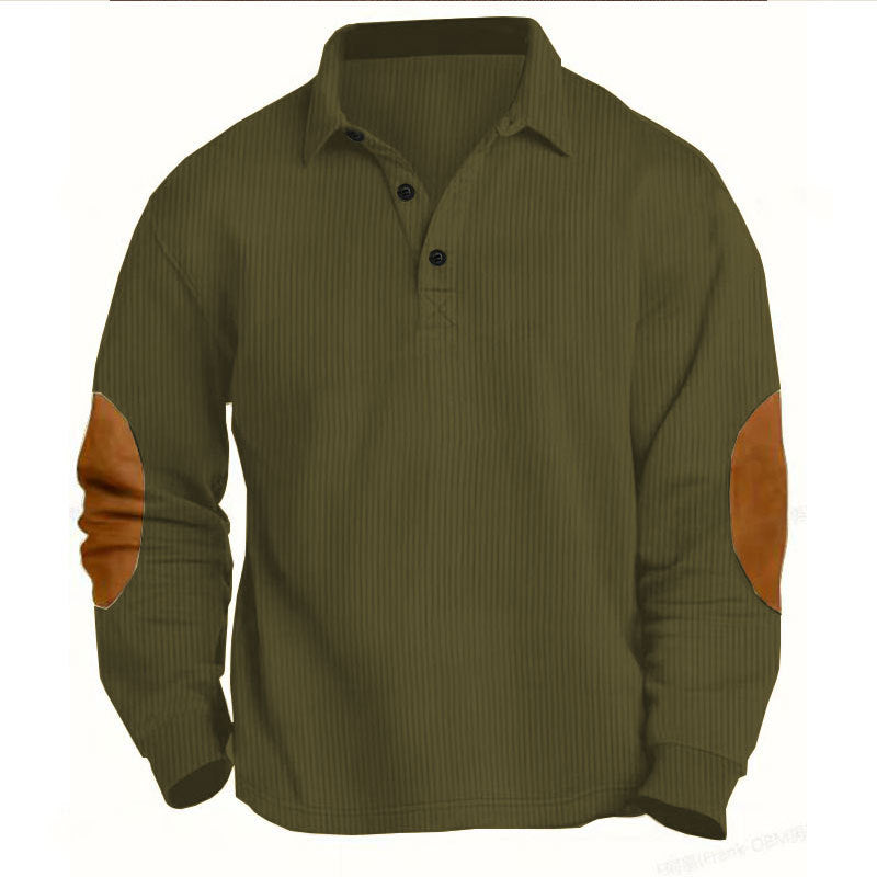 Herren nan legeres Langarm-Poloshirt mit Hemdkragen, kurzer Knopfleiste, feiner Struktur und Velours-Ellenbogenbesatz EB
