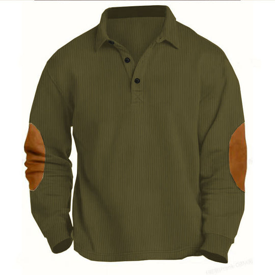 Herren nan legeres Langarm-Poloshirt mit Hemdkragen, kurzer Knopfleiste, feiner Struktur und Velours-Ellenbogenbesatz EB