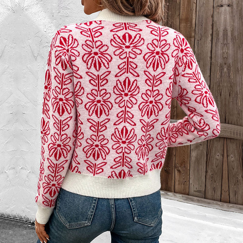 Damen Strickpullover mit floralen Mustern und elegantem Stehkragen EB