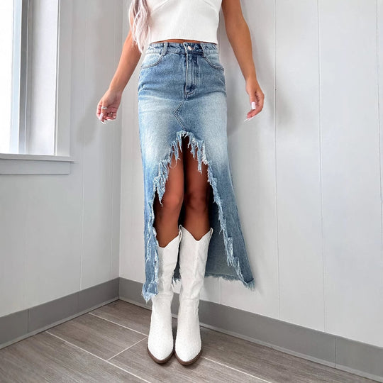 Damen Jeansrock mit fransigem Saum und hohem Schlitz EB