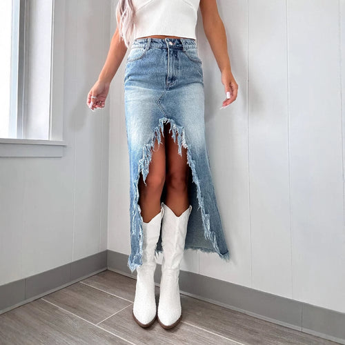 Damen Jeansrock mit fransigem Saum und hohem Schlitz EB