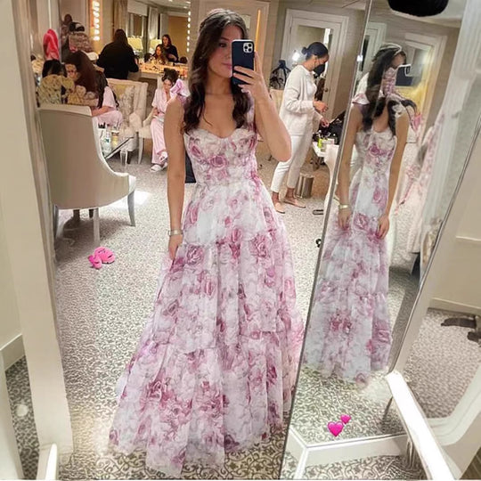 Damen Elegantes Maxikleid mit floralen Details und Rüschenträgern EB