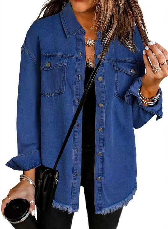 Damen Oversized Jeanshemd mit Fransen EB