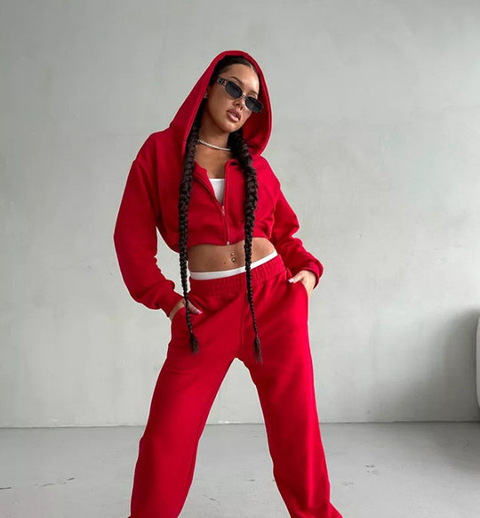Damen Sportliches Zipper Hoodie und weite Jogginghose Set EB