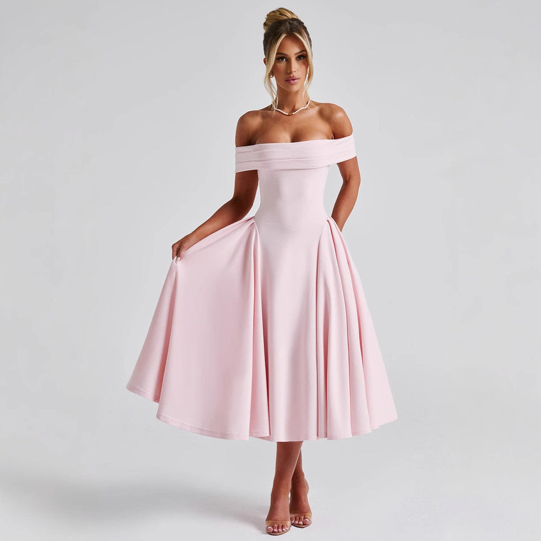 Damen Cocktailkleid mit schulterfreiem Design und voluminösem Rock EB