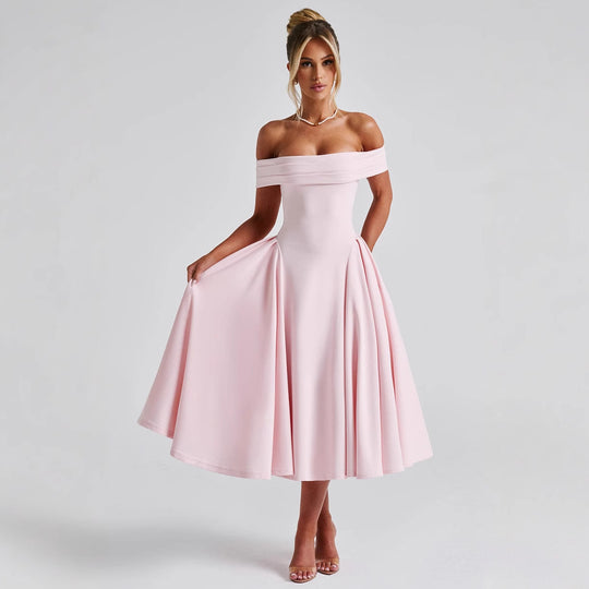 Damen Cocktailkleid mit schulterfreiem Design und voluminösem Rock EB