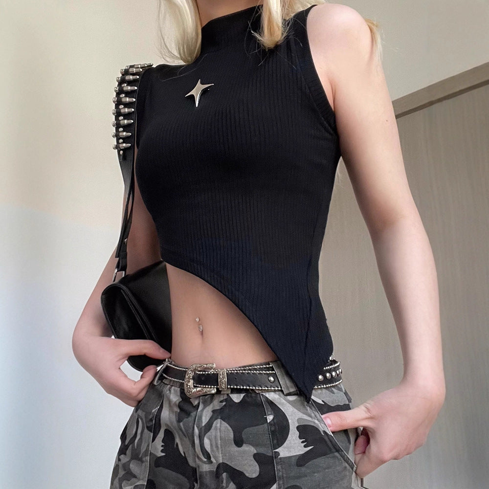 Damen modernes asymmetrisches Oberteil mit elegantem Stehkragen und metallischen Akzenten EB