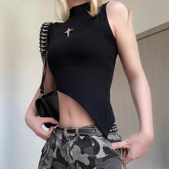 Damen modernes asymmetrisches Oberteil mit elegantem Stehkragen und metallischen Akzenten EB