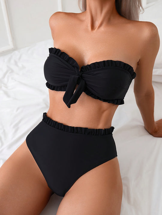 Damen Bandeau-Bikini mit voluminösen Rüschendetails und hohem Bund EB