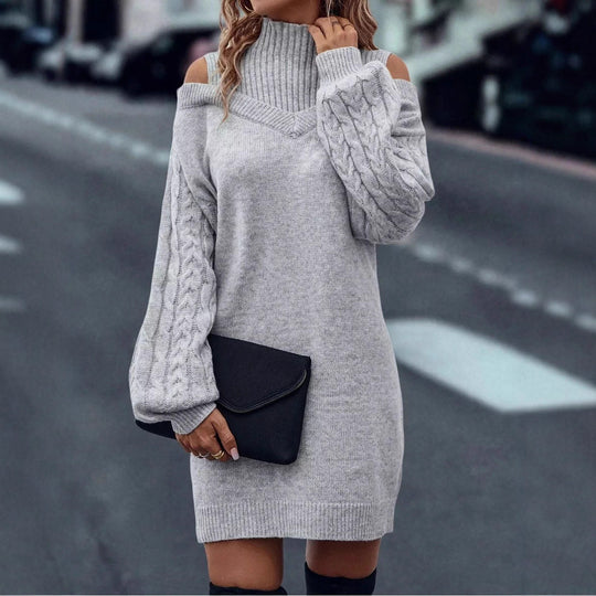 Damen Strickkleid mit geöffneten Schultern und strukturiertem Stehkragen EB