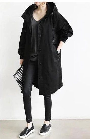 Damen nan leichter oversized Regenmantel mit Kapuze und verdeckter Knopfleiste EB