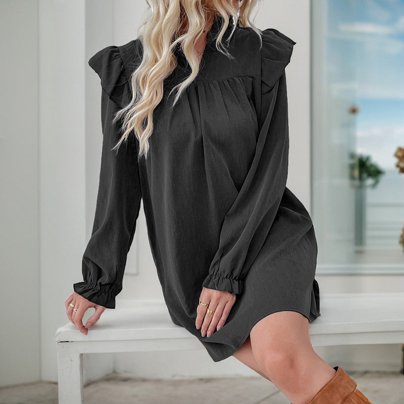 Damen Rüschen-A-Linien Kleid mit geraffter Brust und V-Ausschnitt EB