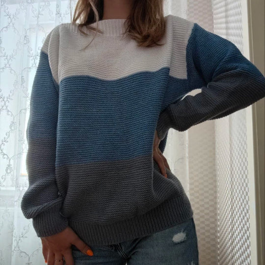 Damen Gemütlicher Strickpullover mit Farbblockdesign EB