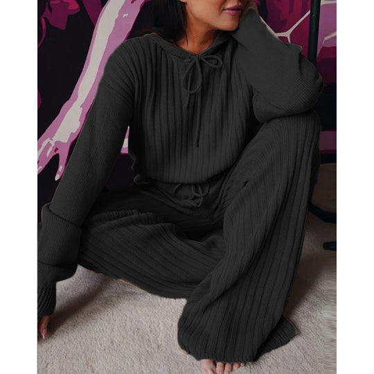 Damen Geripptes Strick-Loungewear-Set mit Kapuzenpullover und weiter Kordelzughose EB