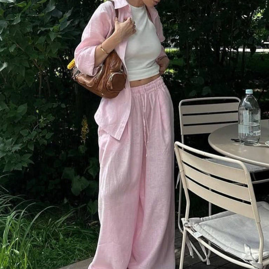 Damen nan luftiges Leinen-Loungeset mit Oversize-Hemd und weiter Bundhose mit Gummizug EB
