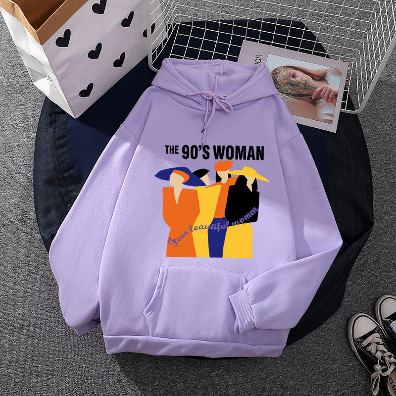 Damen nan weit geschnittener Kapuzenpullover mit Neunzigerjahre-Illustrationsprint, angerautem Fleece und Kängurutasche EB