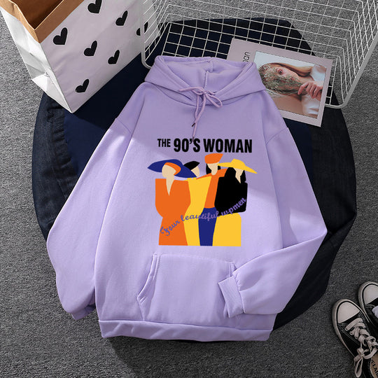 Damen nan weit geschnittener Kapuzenpullover mit Neunzigerjahre-Illustrationsprint, angerautem Fleece und Kängurutasche EB