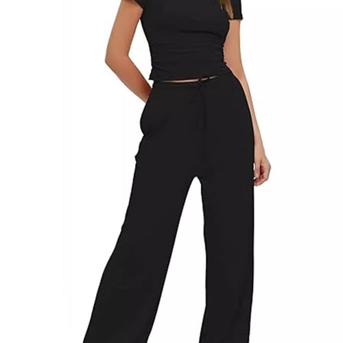 Damen lässiger Zweiteiler mit cropped Oberteil und weitem Beinkleid EB